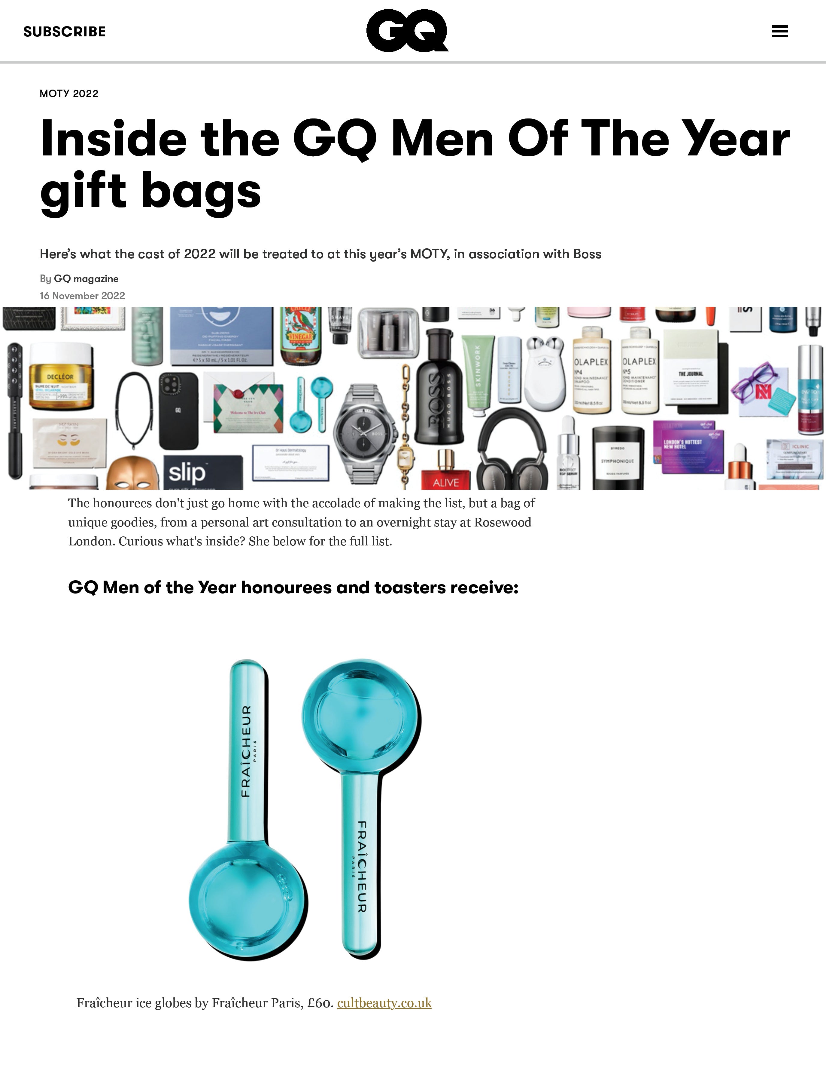 Fraîcheur Ice Globes were included in the gift bags that honourees and VIP guests received at the 2022 British GQ Men Of The Year awards
